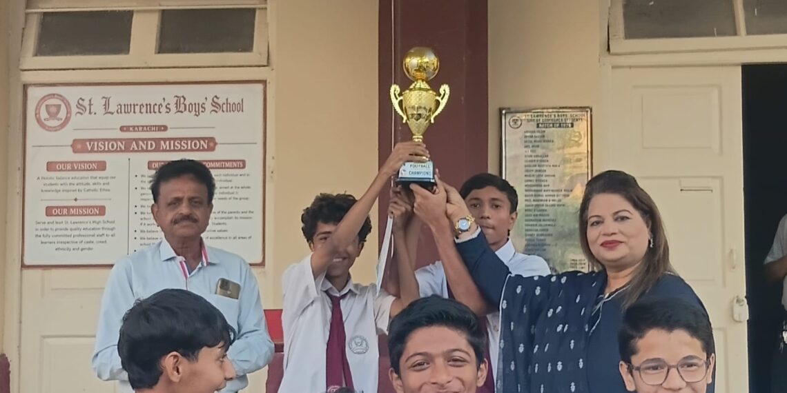 St. Lawrence’s Boys’ School Karachi football team celebrates winning the tournament organised by Reflection School