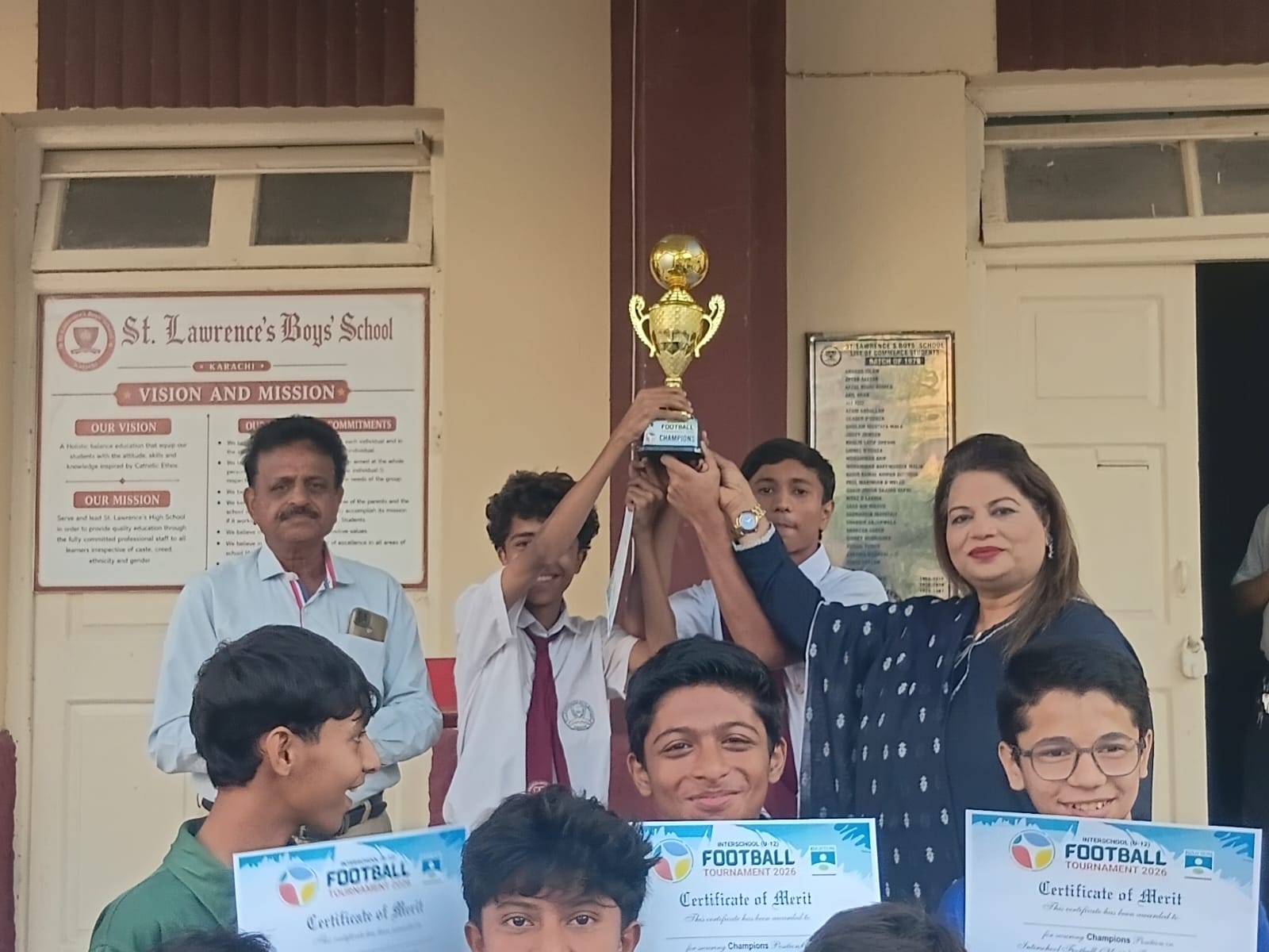 St. Lawrence’s Boys’ School Karachi football team celebrates winning the tournament organised by Reflection School