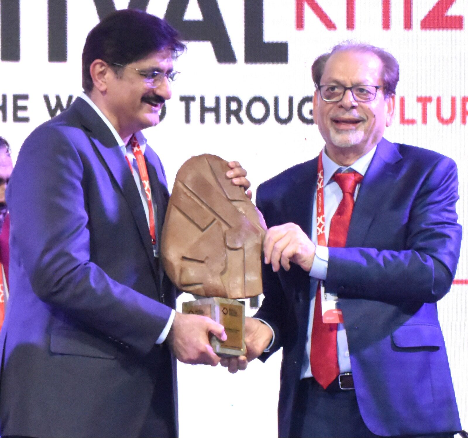 Sindh Chief Minister Murad Ali Shah, Arts Council President Muhammad Ahmed Shah and international guests at the opening ceremony of the World Culture Festival Karachi 2026.