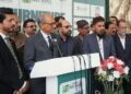 Sindh Provincial Minister Saeed Ghani and Jamaat-e-Islami Karachi Ameer Munim Zafar Khan visit furniture exhibition stalls at Expo Centre Karachi.