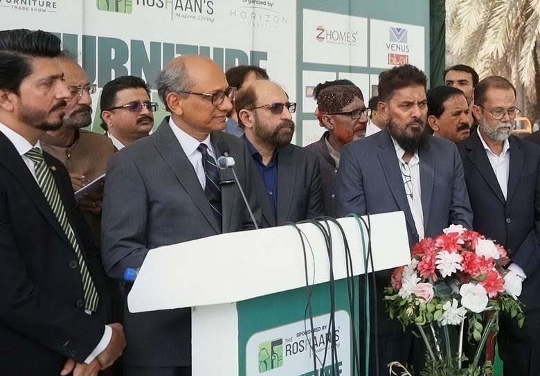 Sindh Provincial Minister Saeed Ghani and Jamaat-e-Islami Karachi Ameer Munim Zafar Khan visit furniture exhibition stalls at Expo Centre Karachi.