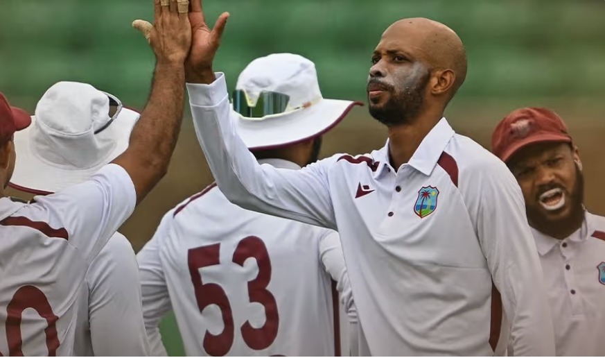 Bangladesh and West Indies players compete during the Test match at the Shere Bangla National Stadium in Mirpur.