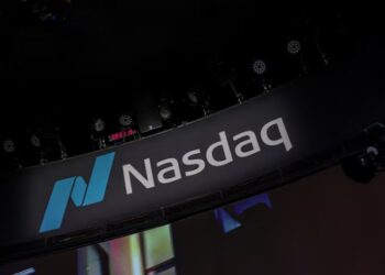Nasdaq stock market logo displayed in New York amid concerns over Big Tech spending and artificial intelligence investment.