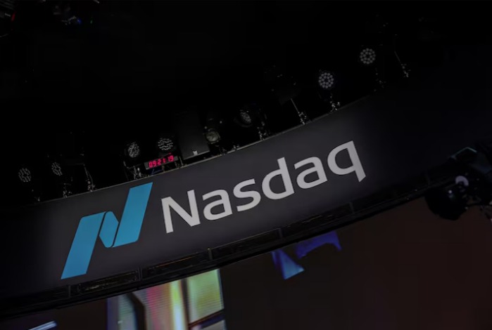 Nasdaq stock market logo displayed in New York amid concerns over Big Tech spending and artificial intelligence investment.