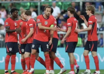 Harry Kane and Bukayo Saka celebrate England’s 7-0 win against Croatia in Rijeka
