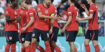 Harry Kane and Bukayo Saka celebrate England’s 7-0 win against Croatia in Rijeka