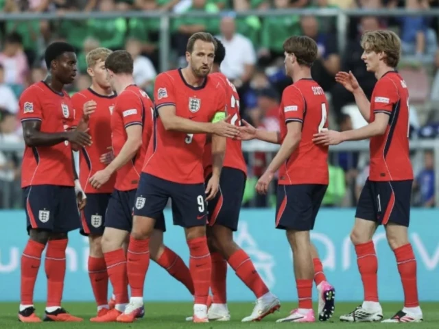 Harry Kane and Bukayo Saka celebrate England’s 7-0 win against Croatia in Rijeka