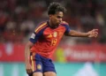 Lamine Yamal celebrates after scoring Spain's opening goal against Czechia.