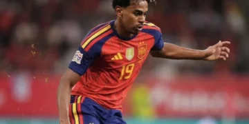 Lamine Yamal celebrates after scoring Spain's opening goal against Czechia.
