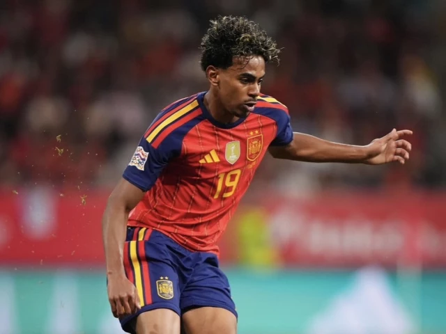 Lamine Yamal celebrates after scoring Spain's opening goal against Czechia.