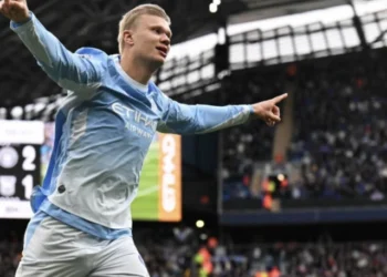 Erling Haaland celebrates for Manchester City during the match against Ipswich Town.