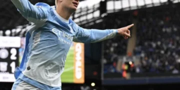 Erling Haaland celebrates for Manchester City during the match against Ipswich Town.