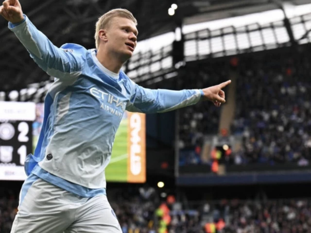 Erling Haaland celebrates for Manchester City during the match against Ipswich Town.