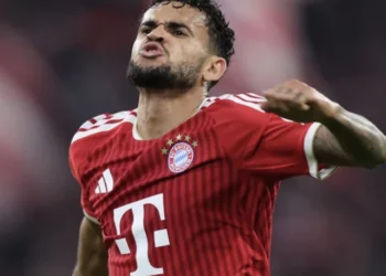 Luis Diaz celebrates after scoring for Bayern Munich against RB Leipzig.