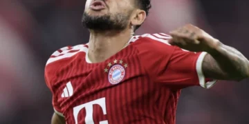 Luis Diaz celebrates after scoring for Bayern Munich against RB Leipzig.