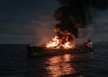 Commercial tanker at sea near Oman amid reports of a vessel fire and maritime security concerns in the Strait of Hormuz.
