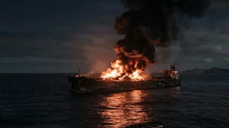 Commercial tanker at sea near Oman amid reports of a vessel fire and maritime security concerns in the Strait of Hormuz.