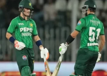 Pakistan batter Maaz Sadaqat celebrates his innings against Sri Lanka in the second T20I
