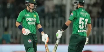 Pakistan batter Maaz Sadaqat celebrates his innings against Sri Lanka in the second T20I