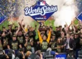 Milwaukee Brewers players celebrate a World Series victory over the Tampa Bay Rays at Tropicana Field