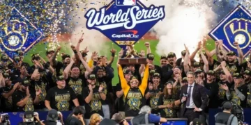 Milwaukee Brewers players celebrate a World Series victory over the Tampa Bay Rays at Tropicana Field