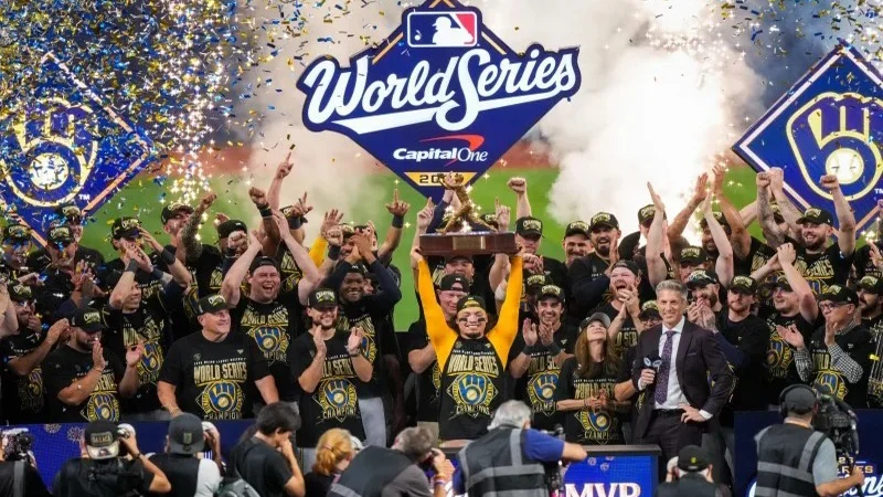 Milwaukee Brewers players celebrate a World Series victory over the Tampa Bay Rays at Tropicana Field