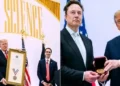 Donald Trump presents Elon Musk with the National Medal of Science during a ceremony at the US Institute of Peace