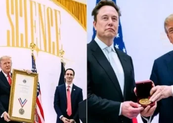Donald Trump presents Elon Musk with the National Medal of Science during a ceremony at the US Institute of Peace