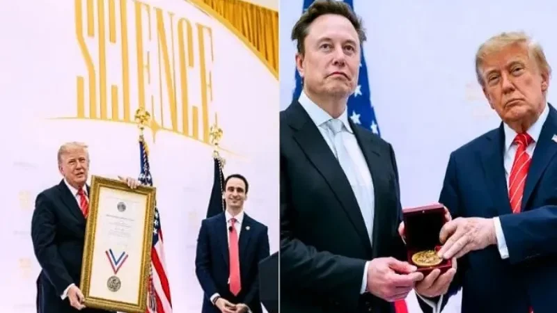 Donald Trump presents Elon Musk with the National Medal of Science during a ceremony at the US Institute of Peace
