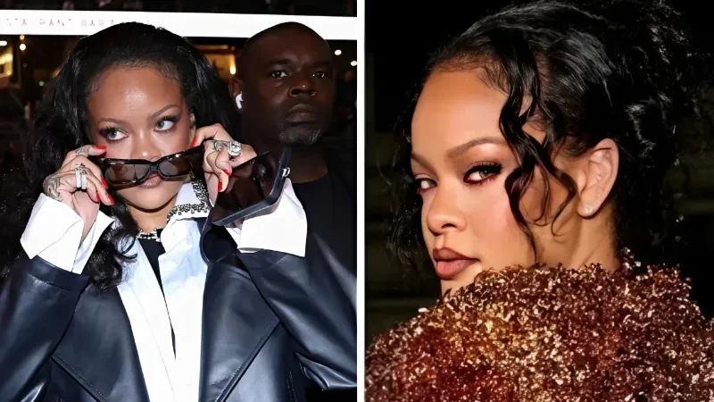 Rihanna wearing bold red eyeliner along her lower waterline at Paris Fashion Week