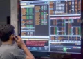Pakistan Stock Exchange trading board as KSE-100 index declines in intraday trading.