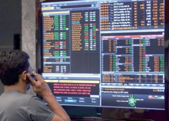 Pakistan Stock Exchange trading board as KSE-100 index declines in intraday trading.