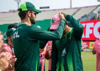 Pakistan cricket team in pink kits ahead of their ODI tri-series match against England at Gaddafi Stadium in Lahore.
