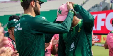 Pakistan cricket team in pink kits ahead of their ODI tri-series match against England at Gaddafi Stadium in Lahore.