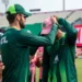 Pakistan cricket team in pink kits ahead of their ODI tri-series match against England at Gaddafi Stadium in Lahore.