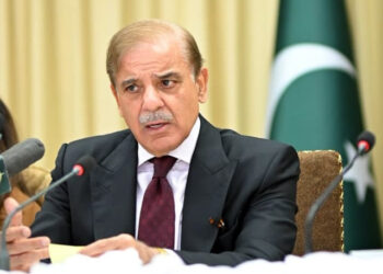 Prime Minister Shehbaz Sharif speaking at a PML-N meeting while criticising PTI's governance record in Khyber Pakhtunkhwa.