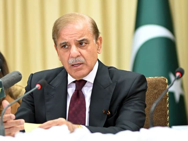 Prime Minister Shehbaz Sharif speaking at a PML-N meeting while criticising PTI's governance record in Khyber Pakhtunkhwa.