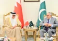 Ishaq Dar and Bahrain Foreign Minister Abdullatif Al Zayani during Pakistan-Bahrain talks in Islamabad.