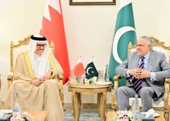Ishaq Dar and Bahrain Foreign Minister Abdullatif Al Zayani during Pakistan-Bahrain talks in Islamabad.